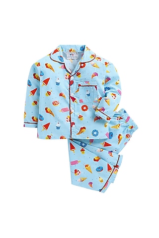 Powder Blue Night Suit With Print by Knitting doodles