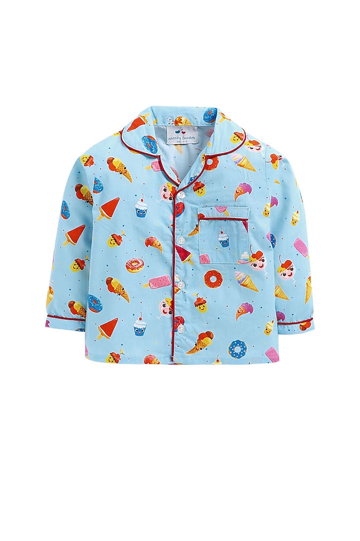Powder Blue Night Suit With Print by Knitting doodles at Pernia's Pop Up Shop