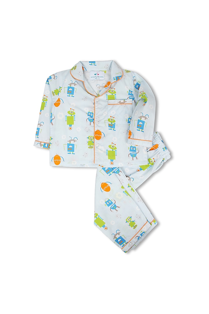 Light Blue Printed Night Suit by Knitting doodles