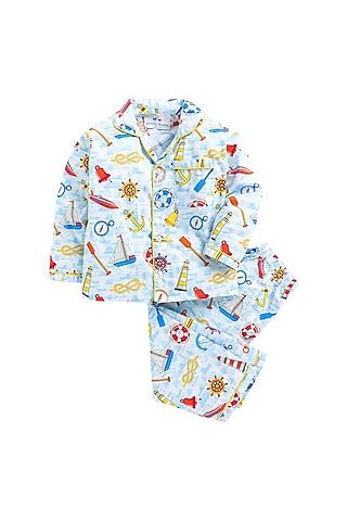 Powder Blue Cotton Poplin Night Suit  by Knitting doodles