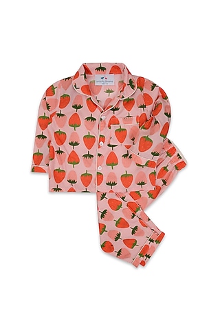 Pink Printed Night Suit In Cotton Poplin For Girls by Knitting doodles