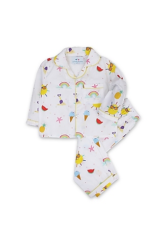 White Printed Night Suit by Knitting doodles