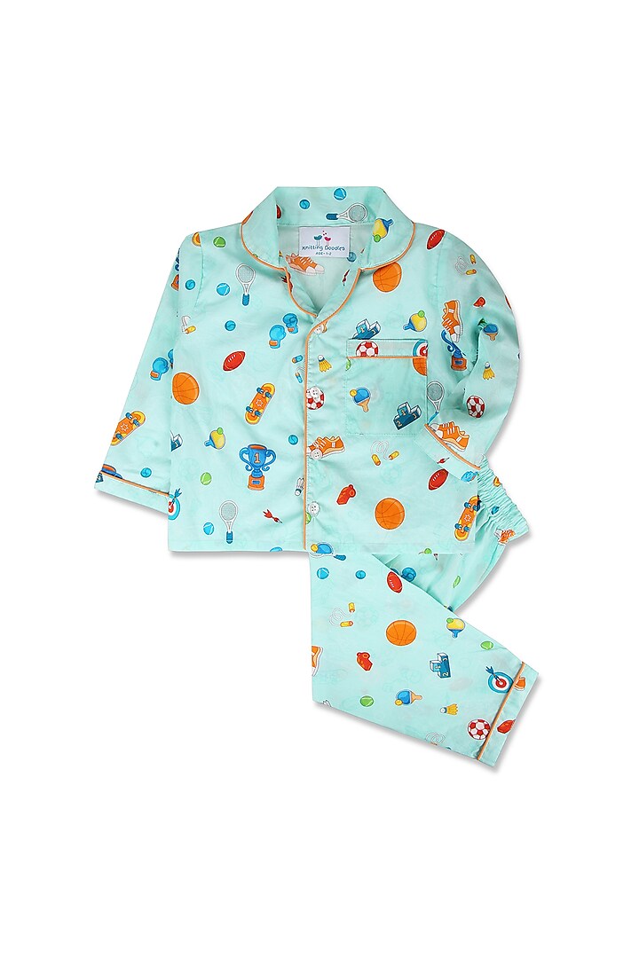 Turquoise Printed Night Suit In Cotton Poplin by Knitting doodles