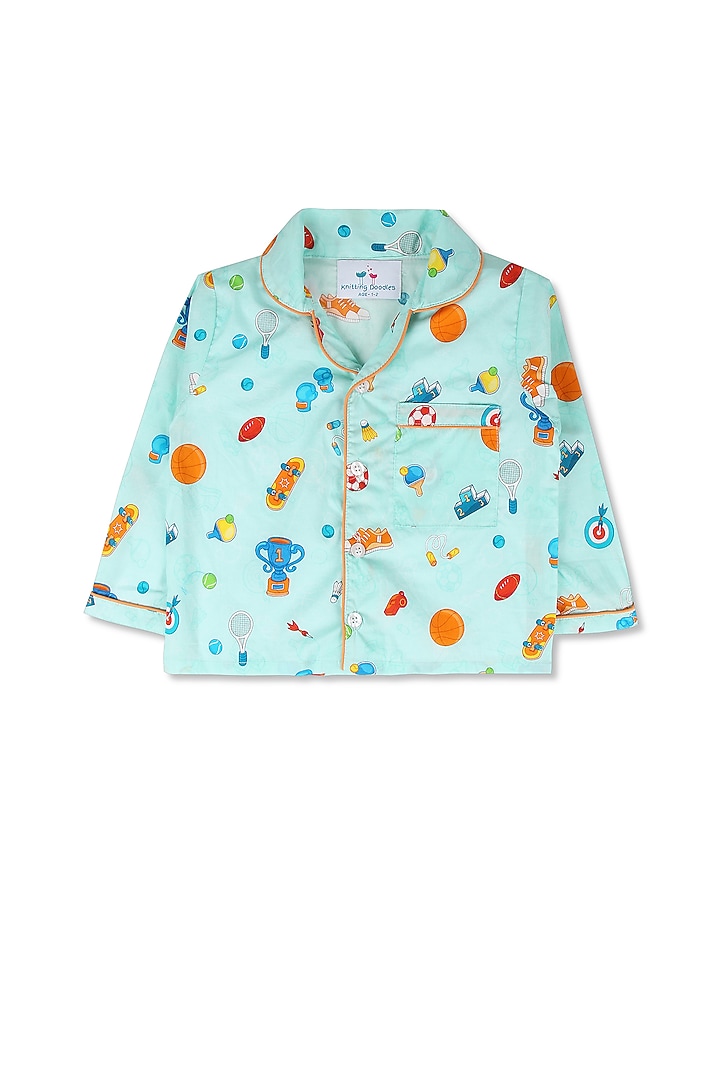 Turquoise Printed Night Suit In Cotton Poplin by Knitting doodles at Pernia's Pop Up Shop