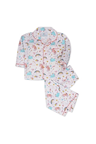 White Printed Night Suit In Cotton Poplin by Knitting doodles