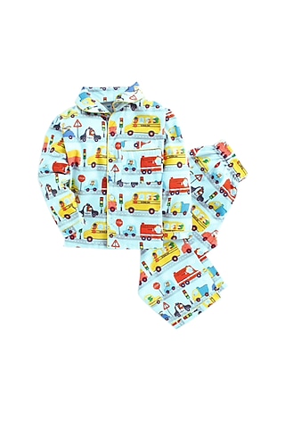 Powder Blue Pure Cotton Poplin Night Suit by Knitting doodles