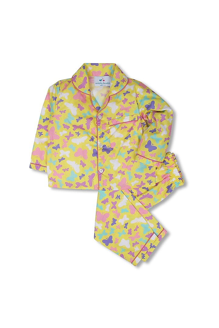 Yellow Cotton Poplin Printed Night Suit by Knitting doodles