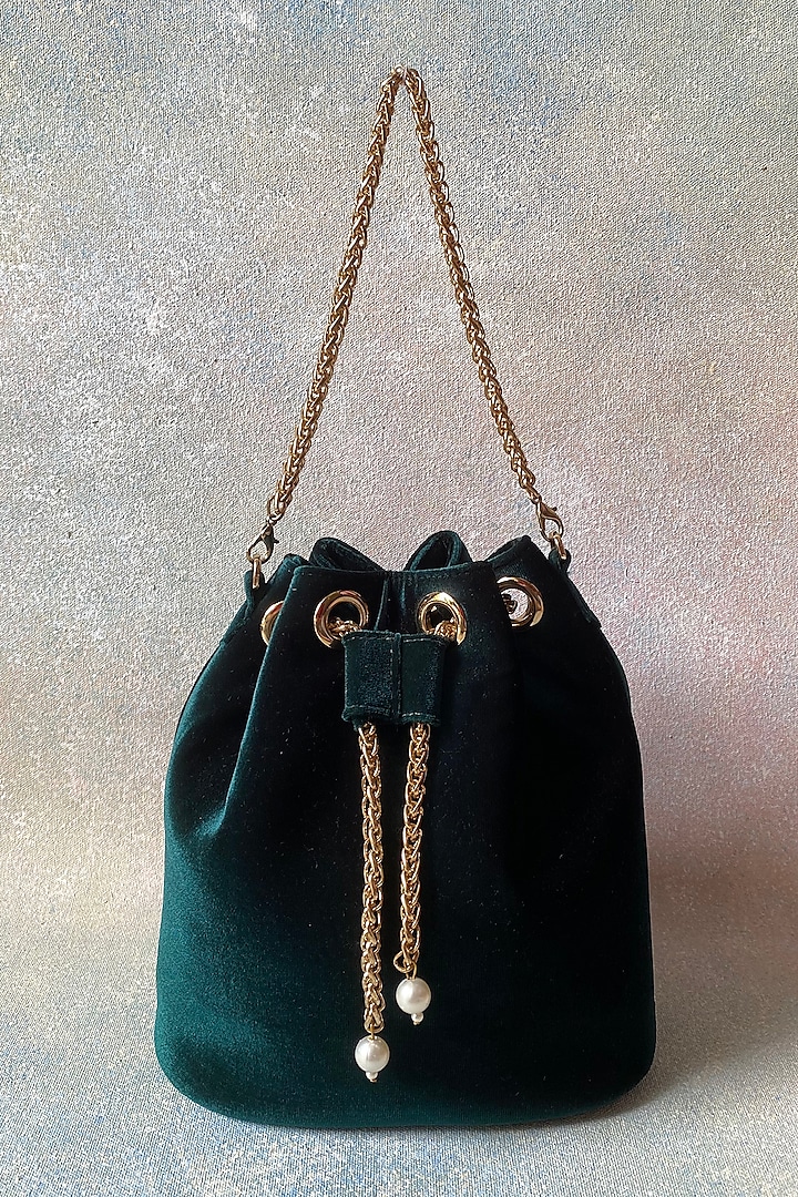 Green Silk Velvet Bucket Bag by KNGN