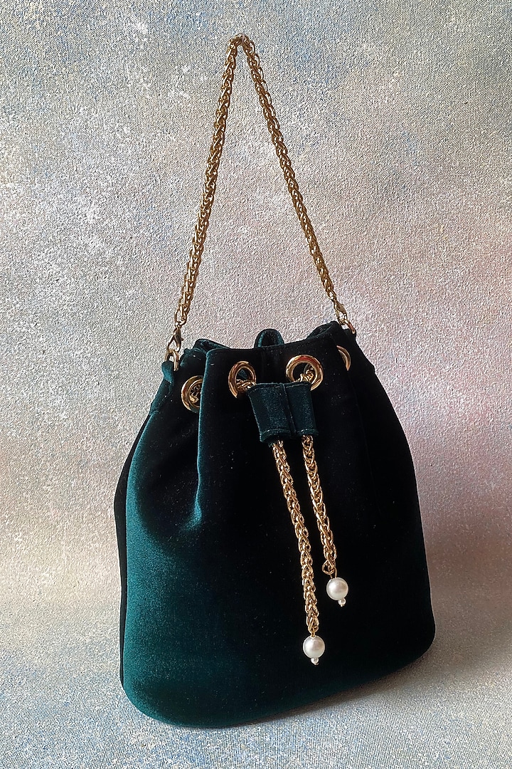 Green Silk Velvet Bucket Bag by KNGN at Pernia's Pop Up Shop