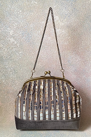 Grey Handcrafted Velvet Clutch by KNGN