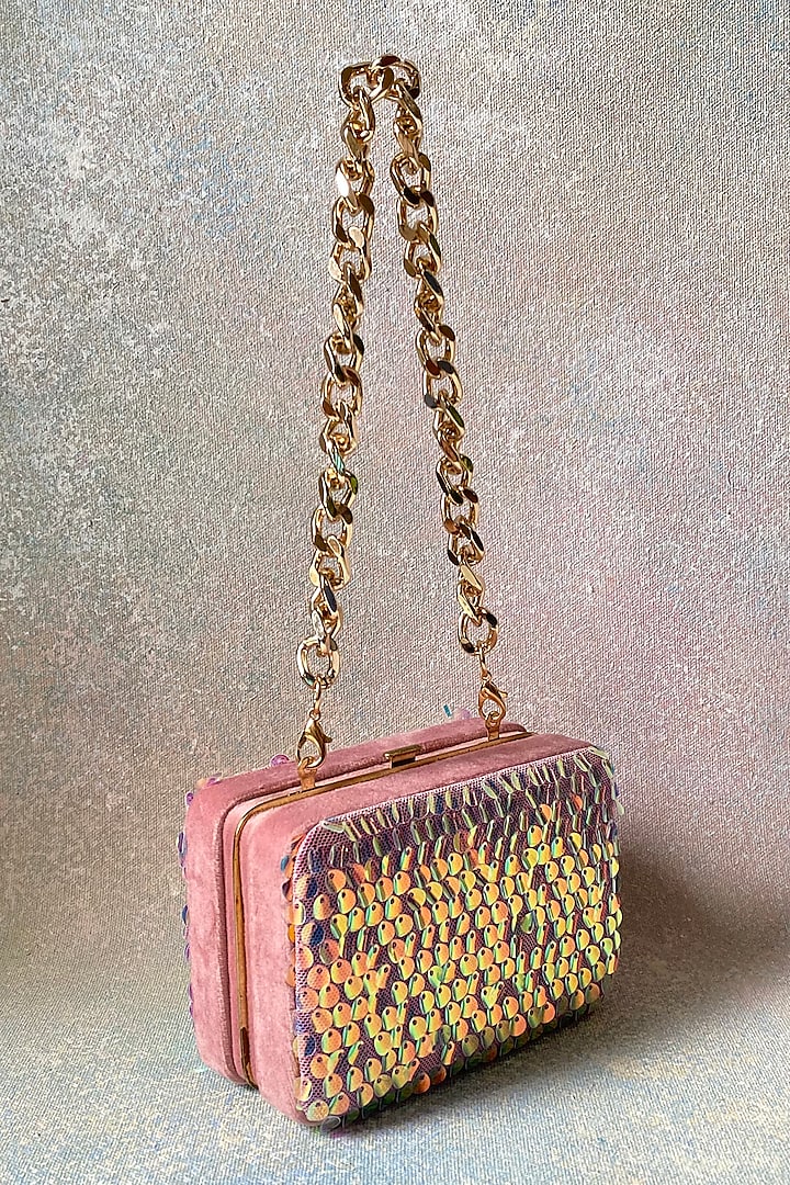 Pink Handcrafted Sequins Clutch by KNGN