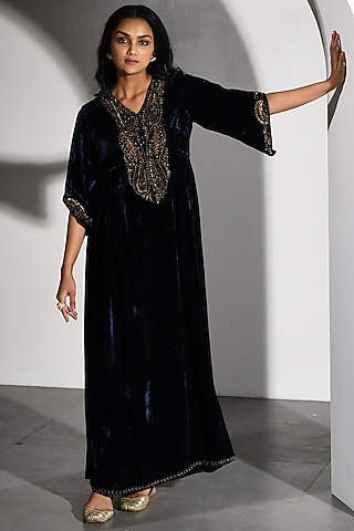 Blue Velvet Embroidered Long Kurta by K-ANSHIKA Jaipur