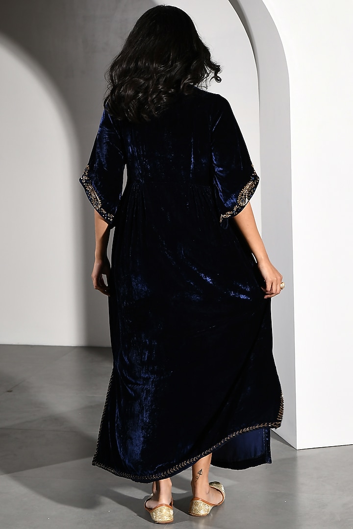 Blue Velvet Embroidered Long Kurta by K-ANSHIKA Jaipur at Pernia's Pop Up Shop