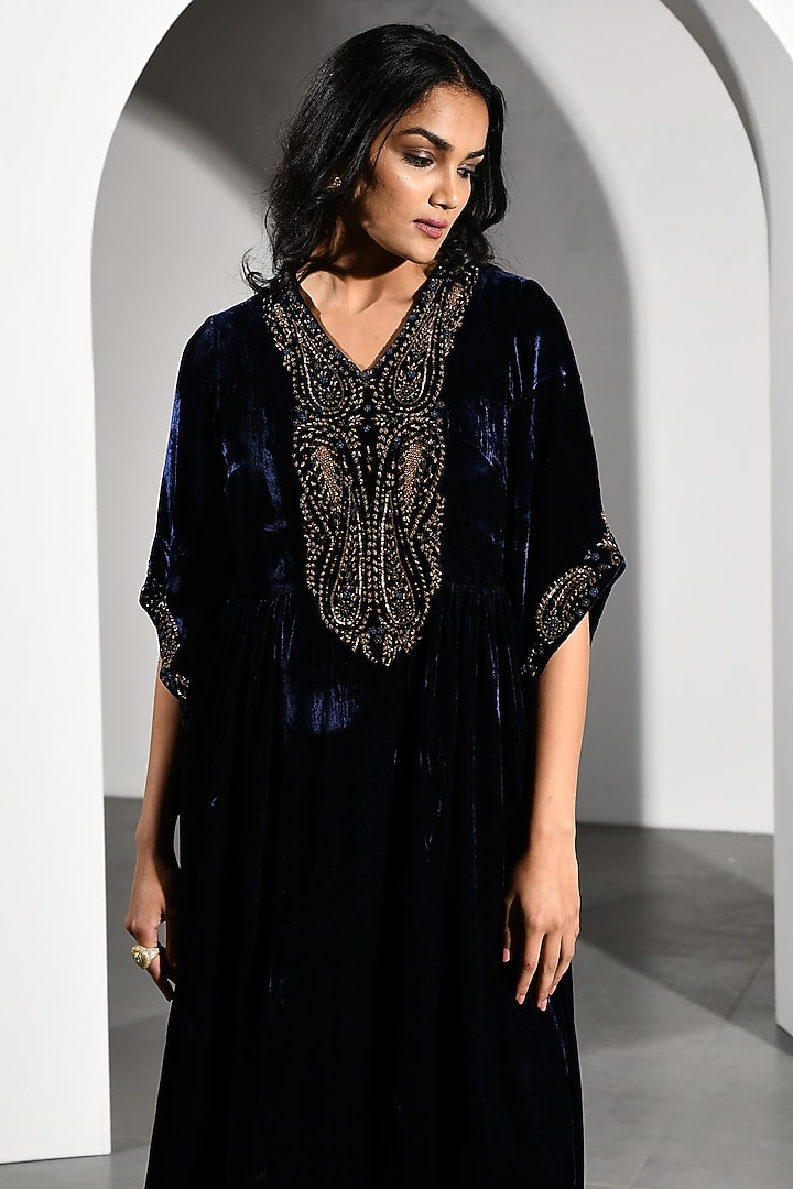 Blue Velvet Embroidered Long Kurta by K-ANSHIKA Jaipur at Pernia's Pop Up Shop