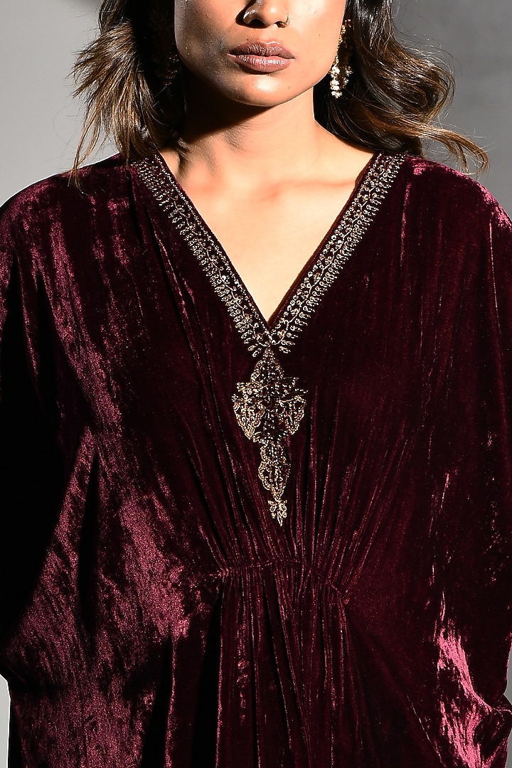 Maroon Velvet Embroidered Kaftan by K-ANSHIKA Jaipur at Pernia's Pop Up Shop