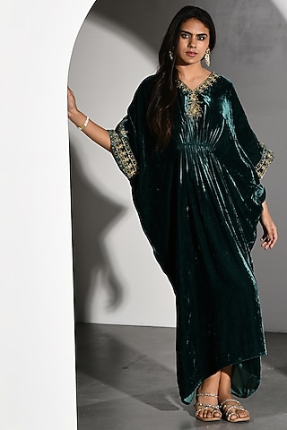 Teal Green Velvet Embroidered Kurta by K-ANSHIKA Jaipur
