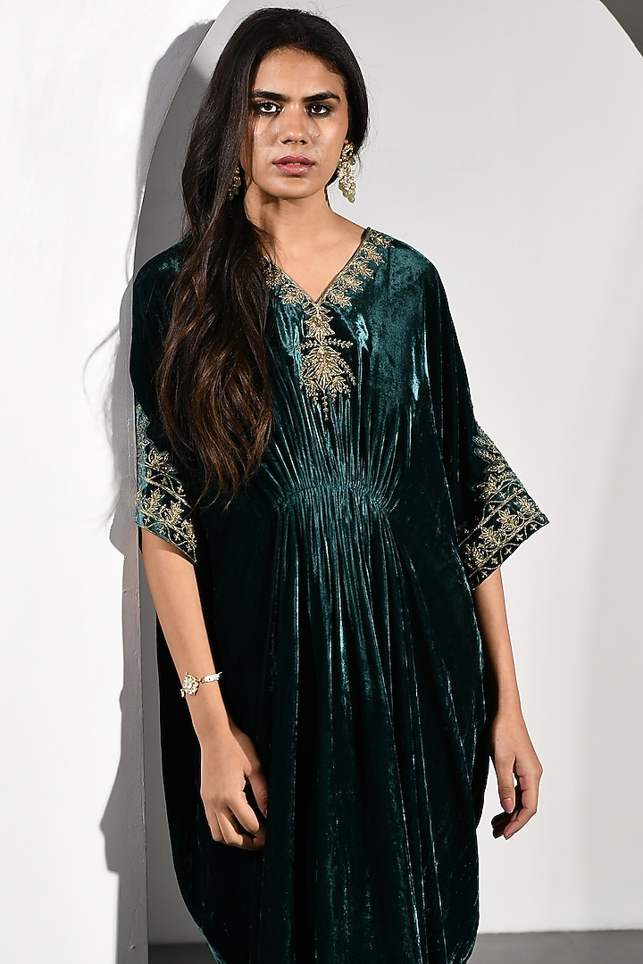 Teal Green Velvet Embroidered Kurta by K-ANSHIKA Jaipur at Pernia's Pop Up Shop