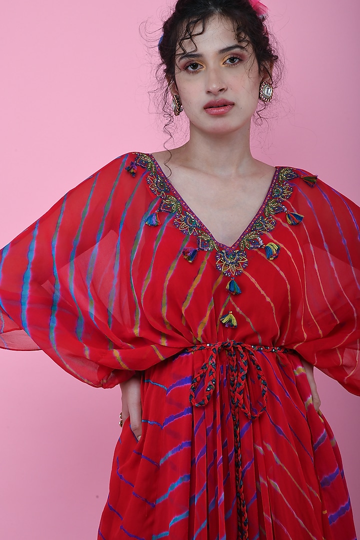 Red & Blue Kaftan Tunic With Tie-Up Belt & Inner by K-ANSHIKA Jaipur at Pernia's Pop Up Shop