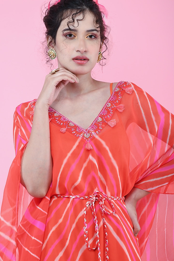 Orange Leheriya Kaftan Tunic Set by K-ANSHIKA Jaipur at Pernia's Pop Up Shop