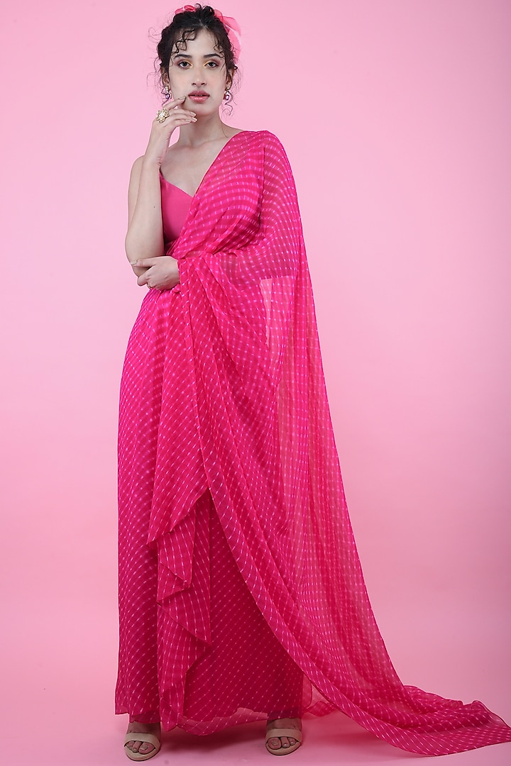 Pink & White Draped Saree Set by K-ANSHIKA Jaipur