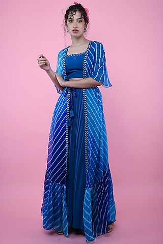 Blue & Turquoise Leheriya Jacket Set by K-ANSHIKA Jaipur