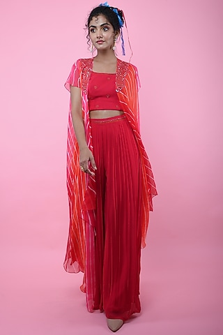Orange & Red Asymmetric Leheriya Jacket Set by K-ANSHIKA Jaipur
