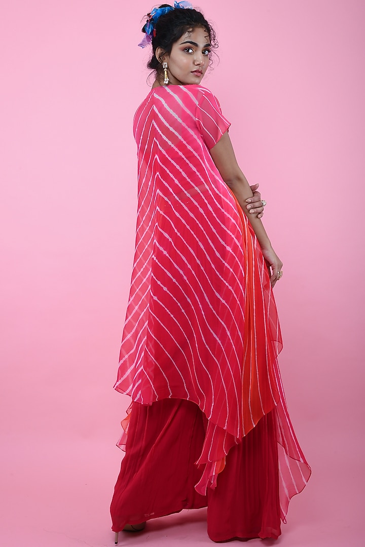 Orange & Red Asymmetric Leheriya Jacket Set by K-ANSHIKA Jaipur at Pernia's Pop Up Shop