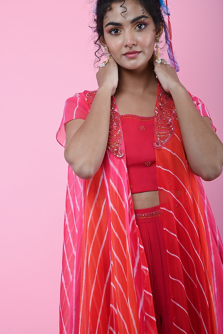 Orange & Red Asymmetric Leheriya Jacket Set by K-ANSHIKA Jaipur at Pernia's Pop Up Shop