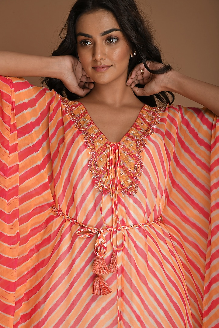Melon & Carrot Embellished Kaftan Tunic With Belt by K-ANSHIKA Jaipur at Pernia's Pop Up Shop