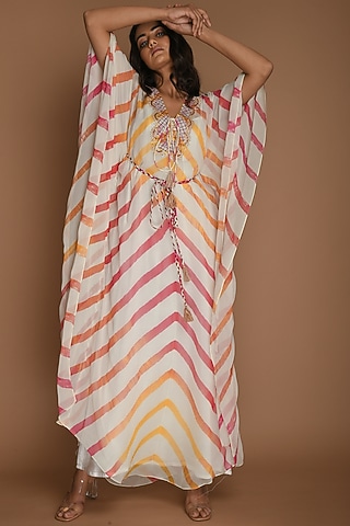Yellow, Pink & White Kaftan With Belt by K-ANSHIKA Jaipur