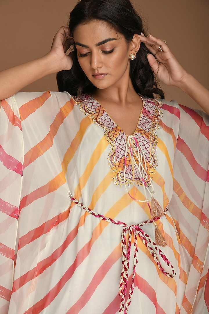 Yellow, Pink & White Kaftan With Belt by K-ANSHIKA Jaipur at Pernia's Pop Up Shop