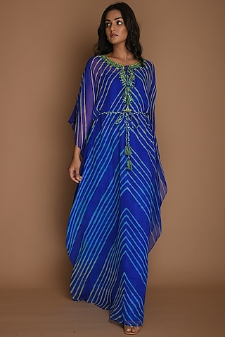 Electric Blue Embellished Kaftan With Inner & Belt by K-ANSHIKA Jaipur
