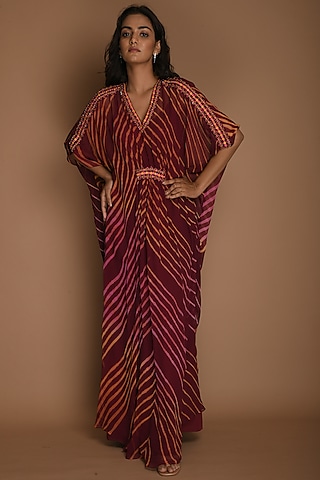 Wine & Yellow Kaftan by K-ANSHIKA Jaipur