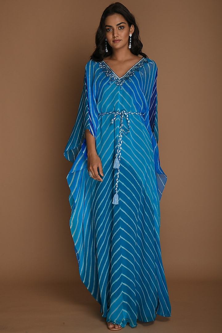 Blue Embellished Kaftan With Inner by K-ANSHIKA Jaipur