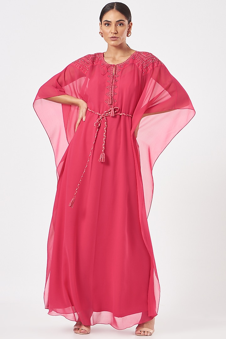 Fuchsia Aari Embellished Kaftan by K-ANSHIKA Jaipur