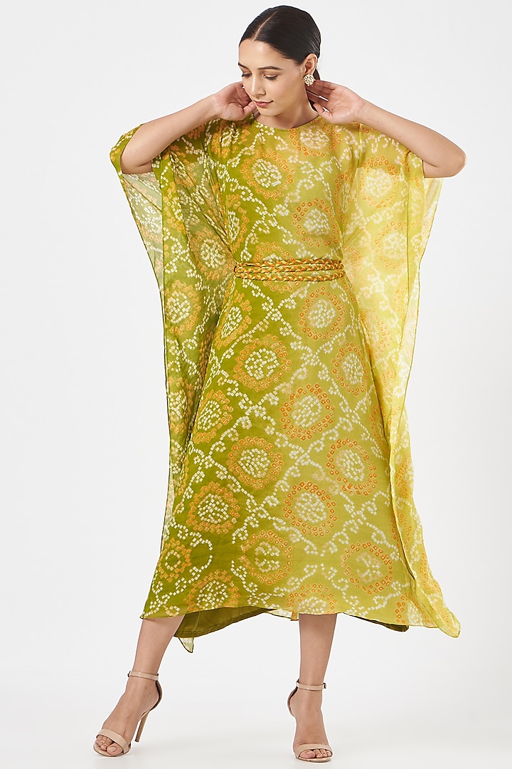 Green Bandhej Embroidered Midi Dress by K-ANSHIKA Jaipur
