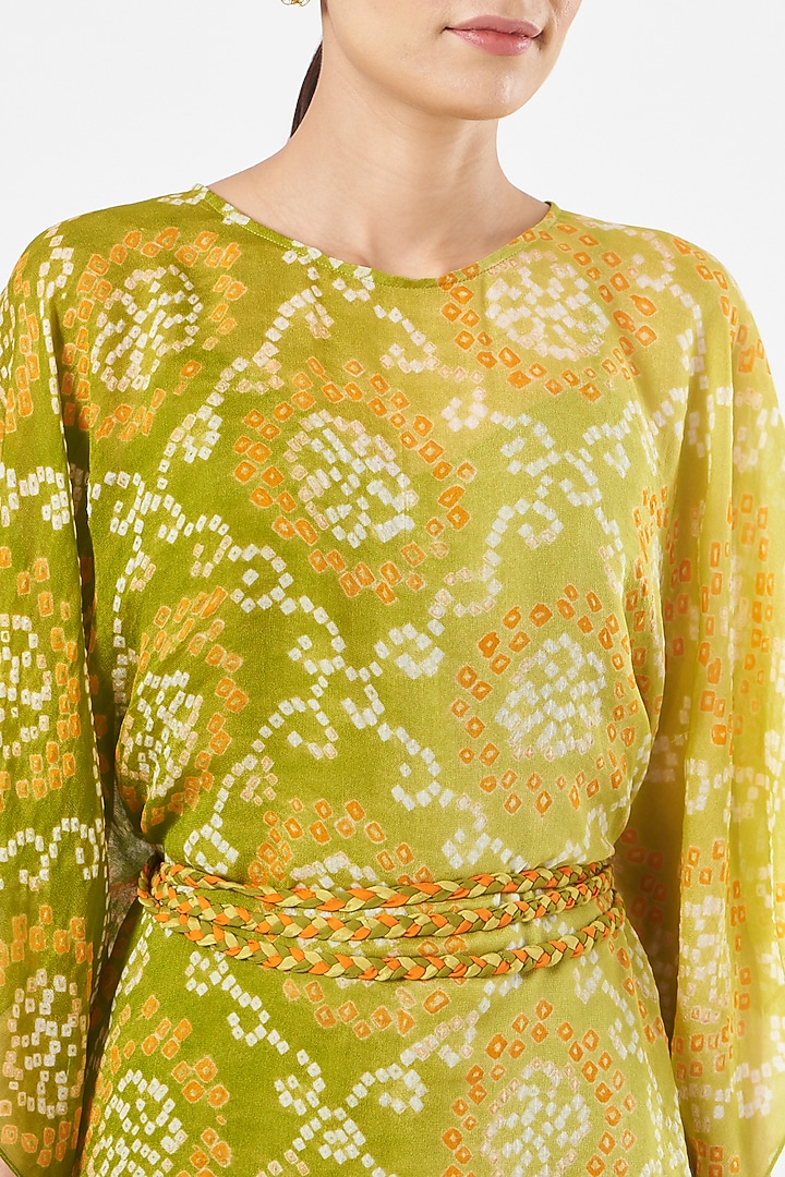Green Bandhej Embroidered Midi Vacation Dress by K-ANSHIKA Jaipur at Pernia's Pop Up Shop