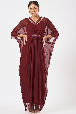 Maroon Embellished Kaftan by K-ANSHIKA Jaipur