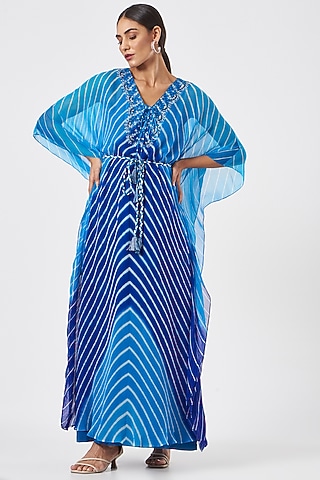 Teal Tie-Dyed & Embellished Kaftan by K-ANSHIKA Jaipur