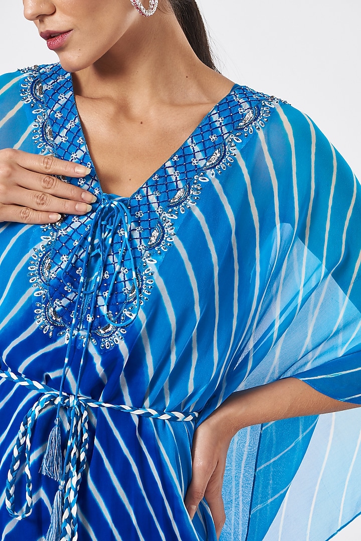 Teal Tie-Dyed & Embellished Kaftan by K-ANSHIKA Jaipur at Pernia's Pop Up Shop