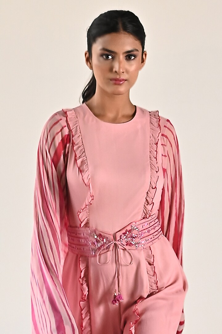 Carrot Pink Georgette Jumpsuit With Belt by K-ANSHIKA Jaipur at Pernia's Pop Up Shop