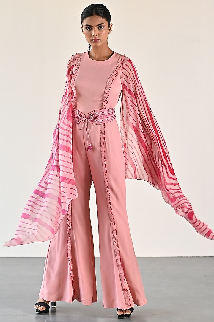 Carrot Pink Georgette Jumpsuit With Belt by K-ANSHIKA Jaipur at Pernia's Pop Up Shop