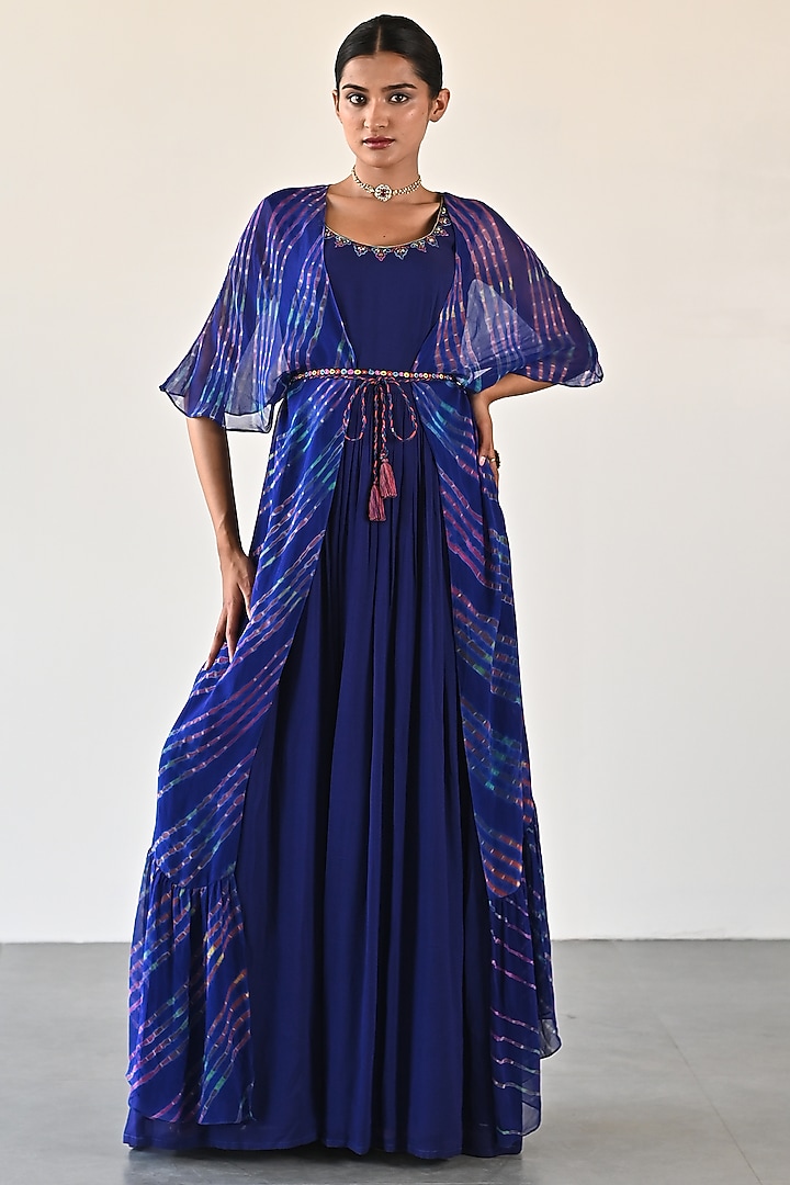 Electric Blue Georgette Leheriya Jacket Set by K-ANSHIKA Jaipur at Pernia's Pop Up Shop