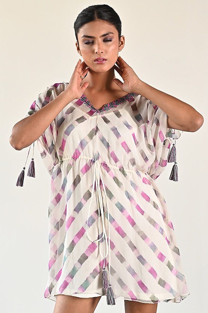 Off-White Georgette Leheriya Mini Vacation Dress by K-ANSHIKA Jaipur at Pernia's Pop Up Shop