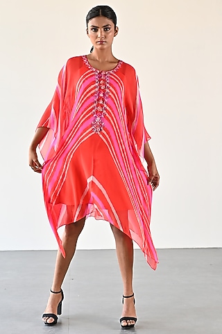 Orange & Pink Georgette Mini Dress by K-ANSHIKA Jaipur