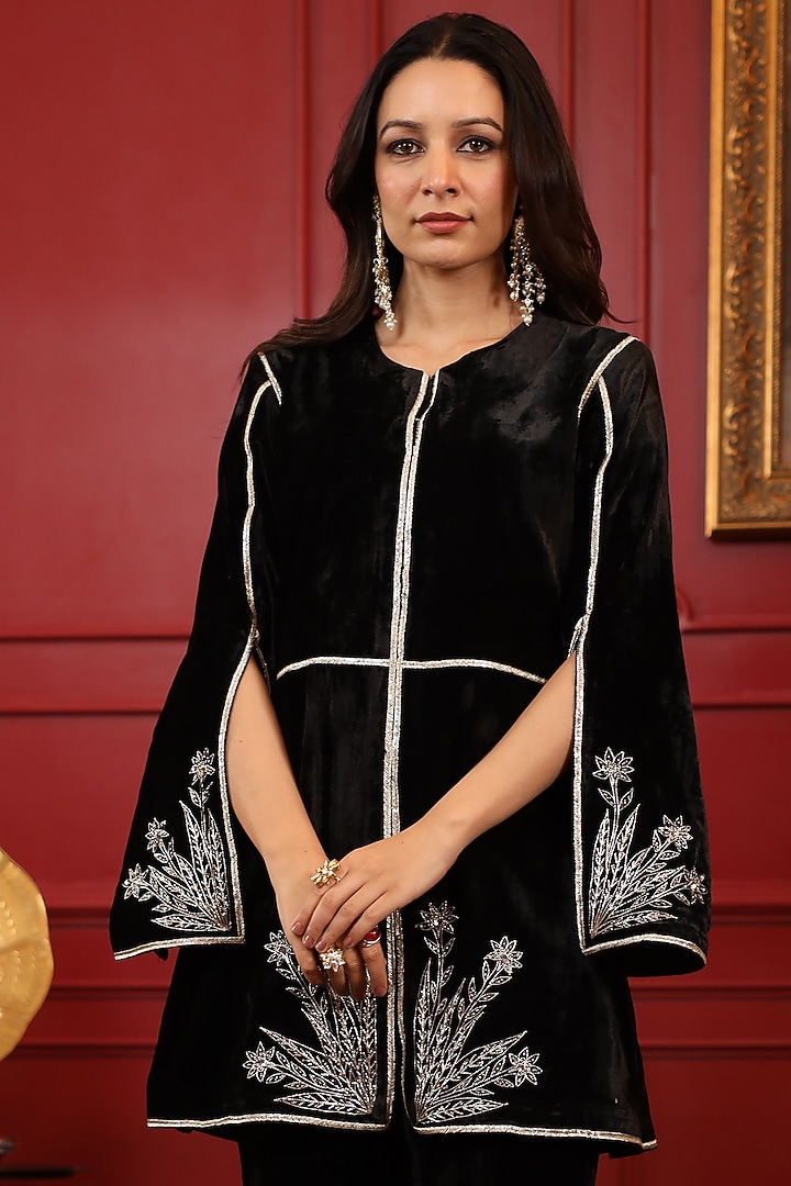 Black Velvet Resham Machine Embroidered Co-Ord Set by K-ANSHIKA Jaipur at Pernia's Pop Up Shop