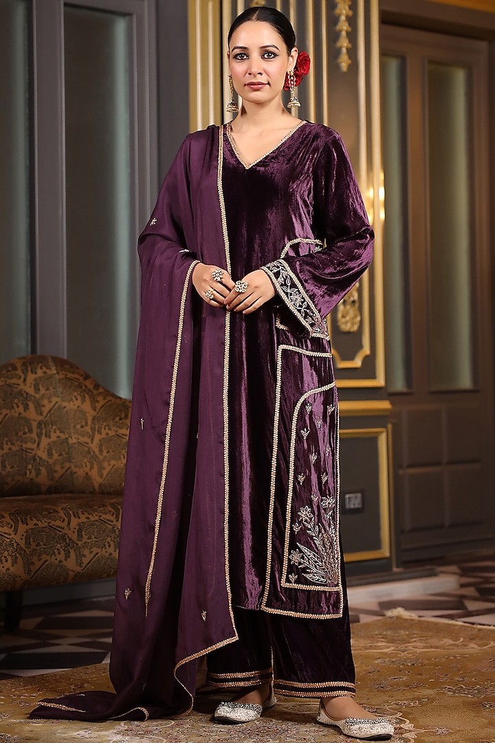 Wine Velvet Resham Machine Embroidered Kurta Set by K-ANSHIKA Jaipur