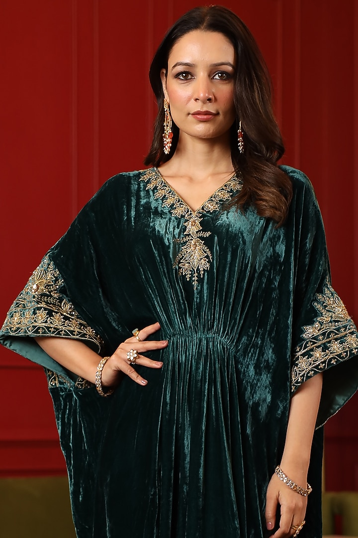 Teal Velvet Resham Machine Embroidered Kurta Set by K-ANSHIKA Jaipur at Pernia's Pop Up Shop