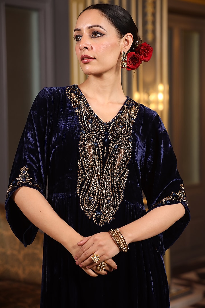 Blue Velvet Resham Machine Work Kaftan by K-ANSHIKA Jaipur at Pernia's Pop Up Shop