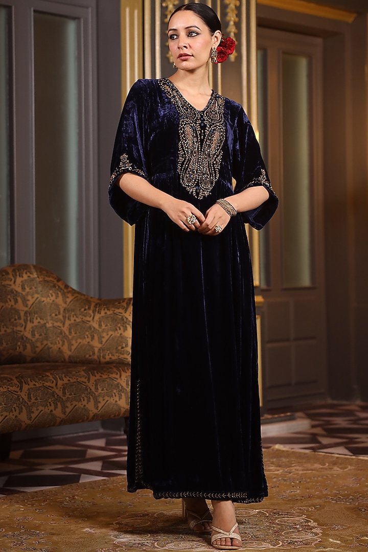 Blue Velvet Resham Machine Work Kaftan by K-ANSHIKA Jaipur at Pernia's Pop Up Shop